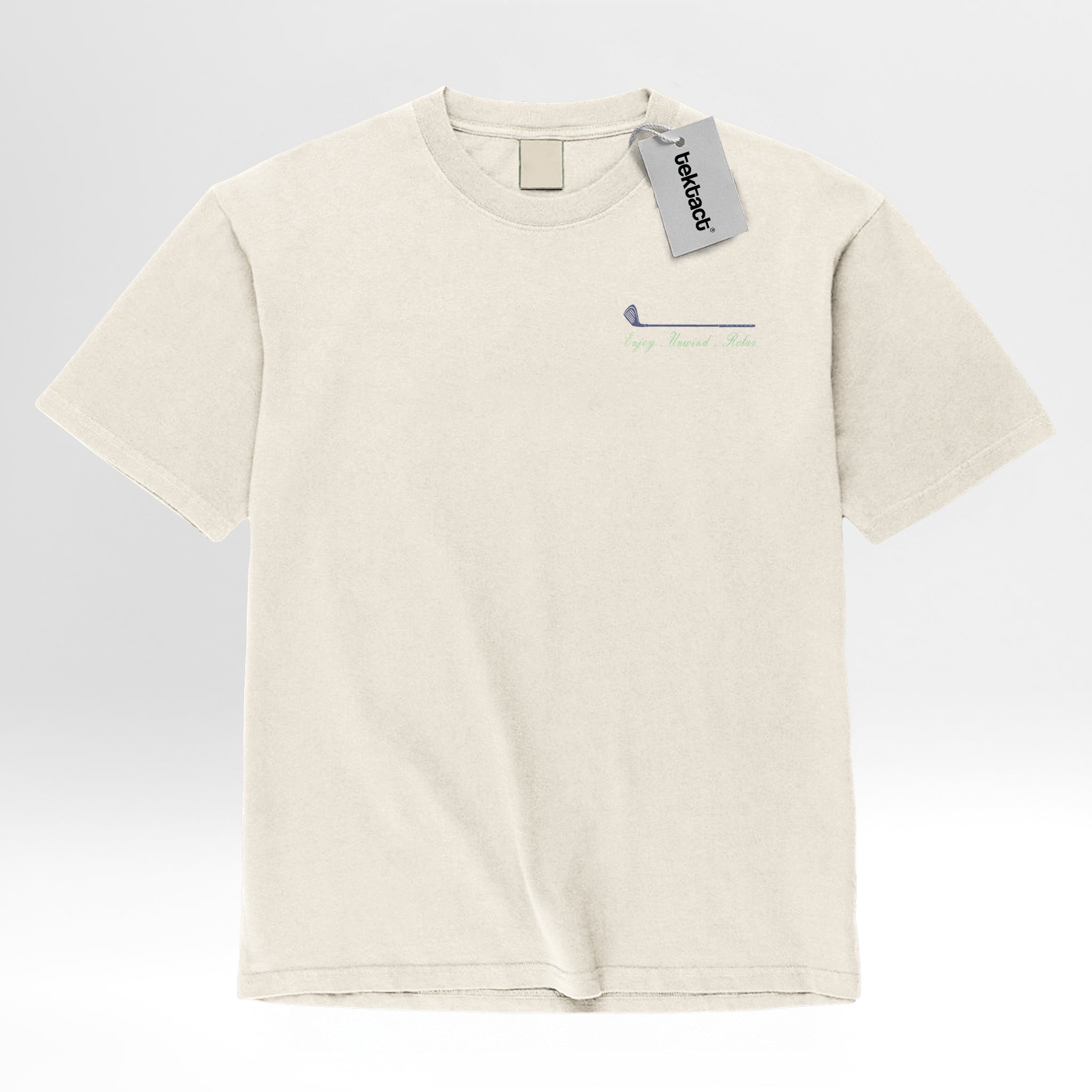 Beige t-shirt with green text 'Live Fast Drive Hard'.