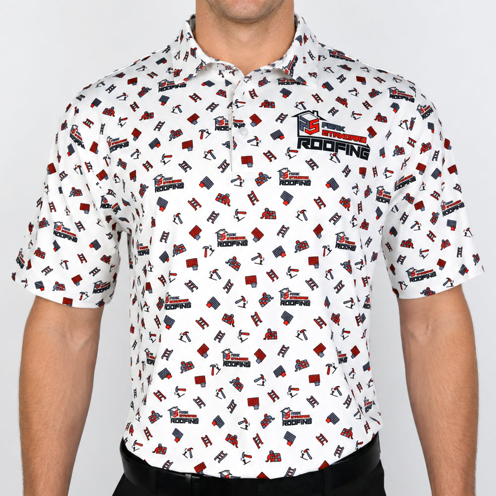 A man wearing a white short-sleeve polo shirt with an all-over red and navy construction-themed print, including a large 'ROOFING' graphic on the left chest.