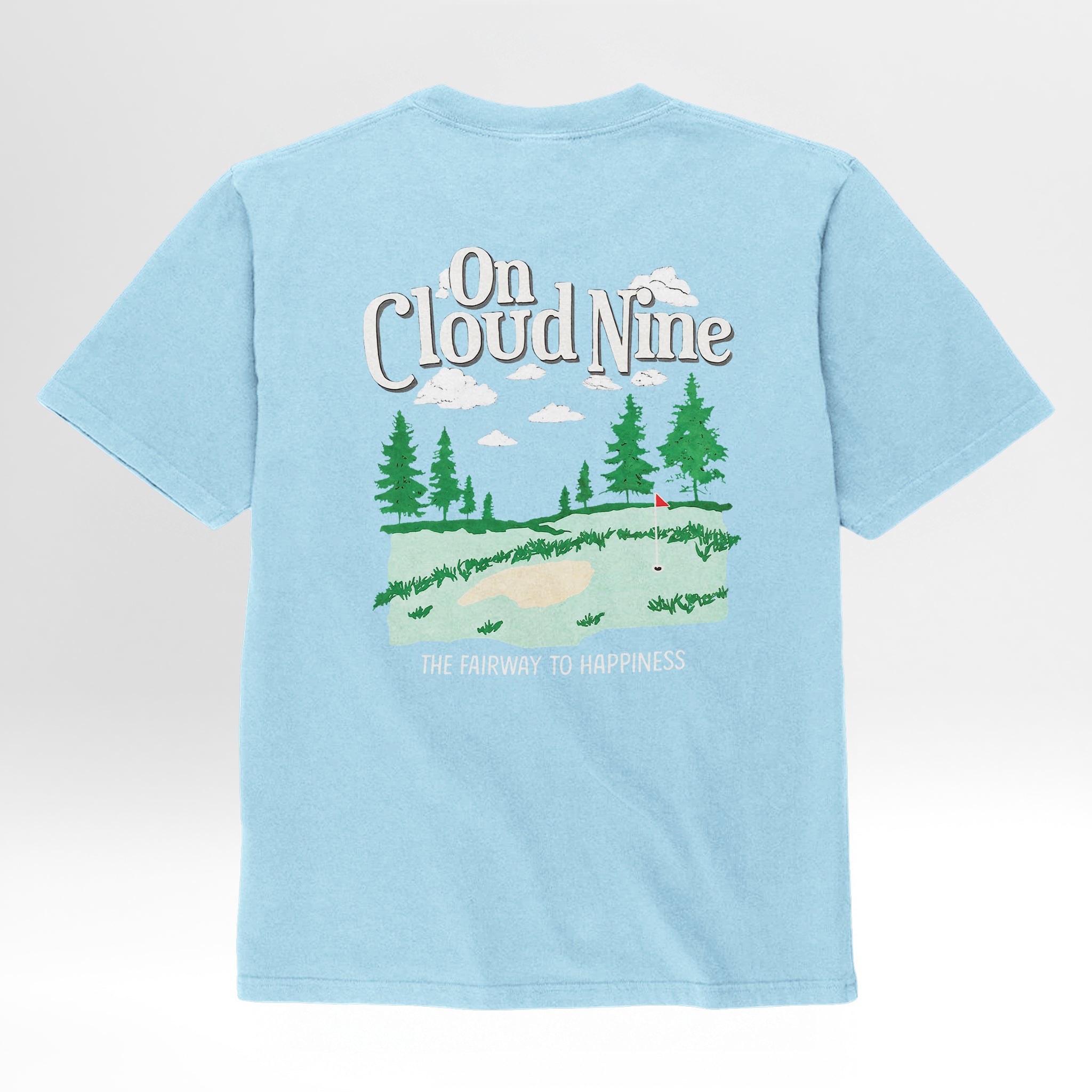 Light blue t-shirt with a nature graphic and text on the back