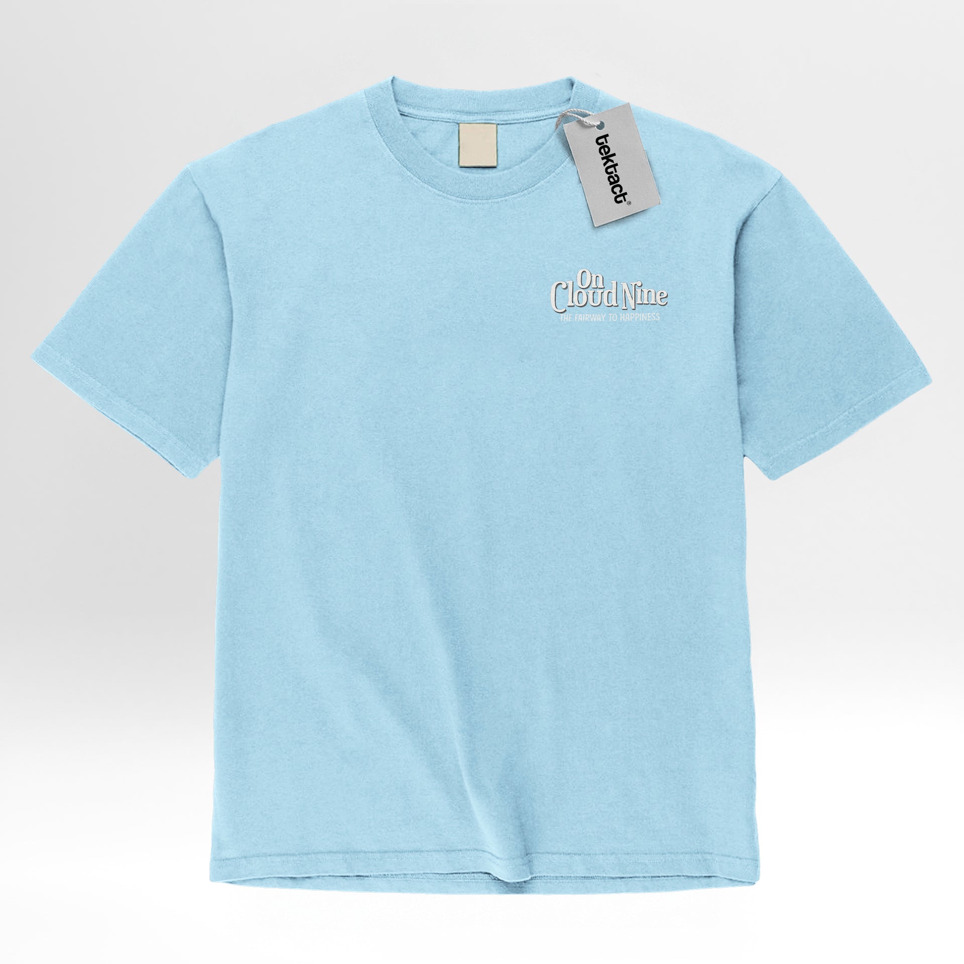 Light blue t-shirt with the text 'On Cloud Nine The Fairway To Happiness'