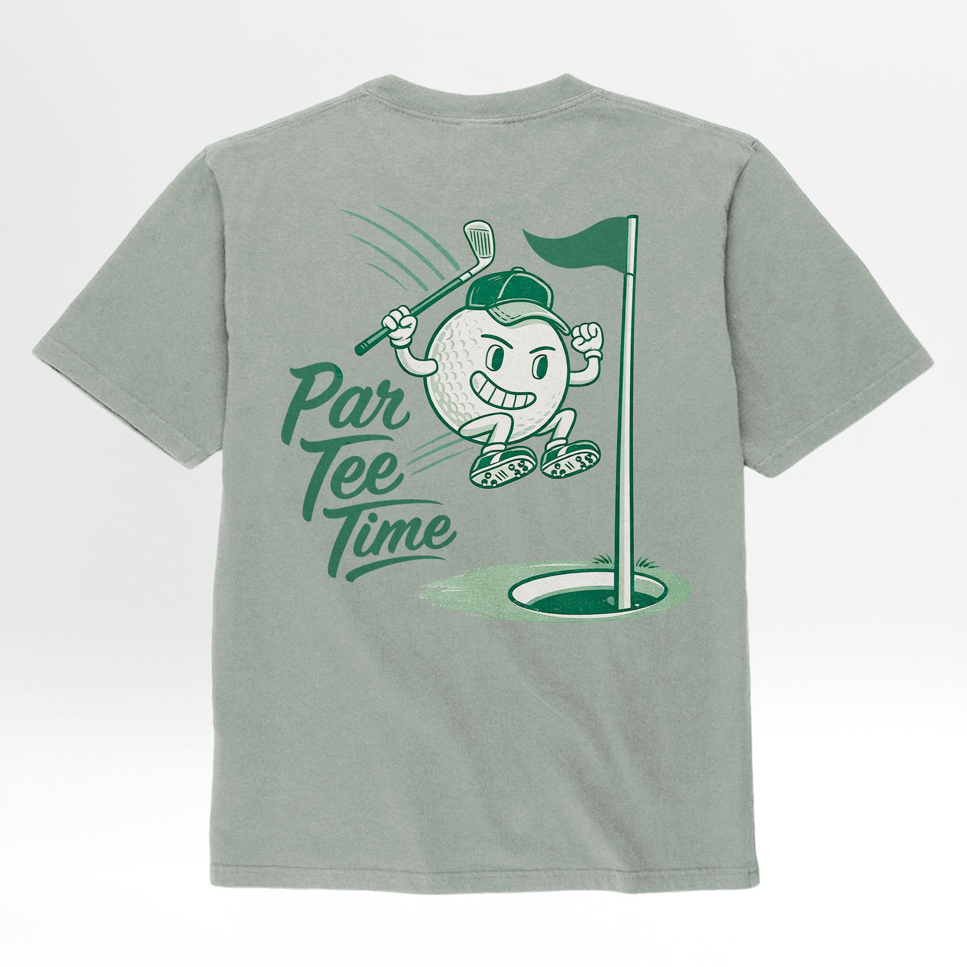 Sage green t-shirt with a golf-themed graphic and 'Par Tee Time' text on the back.