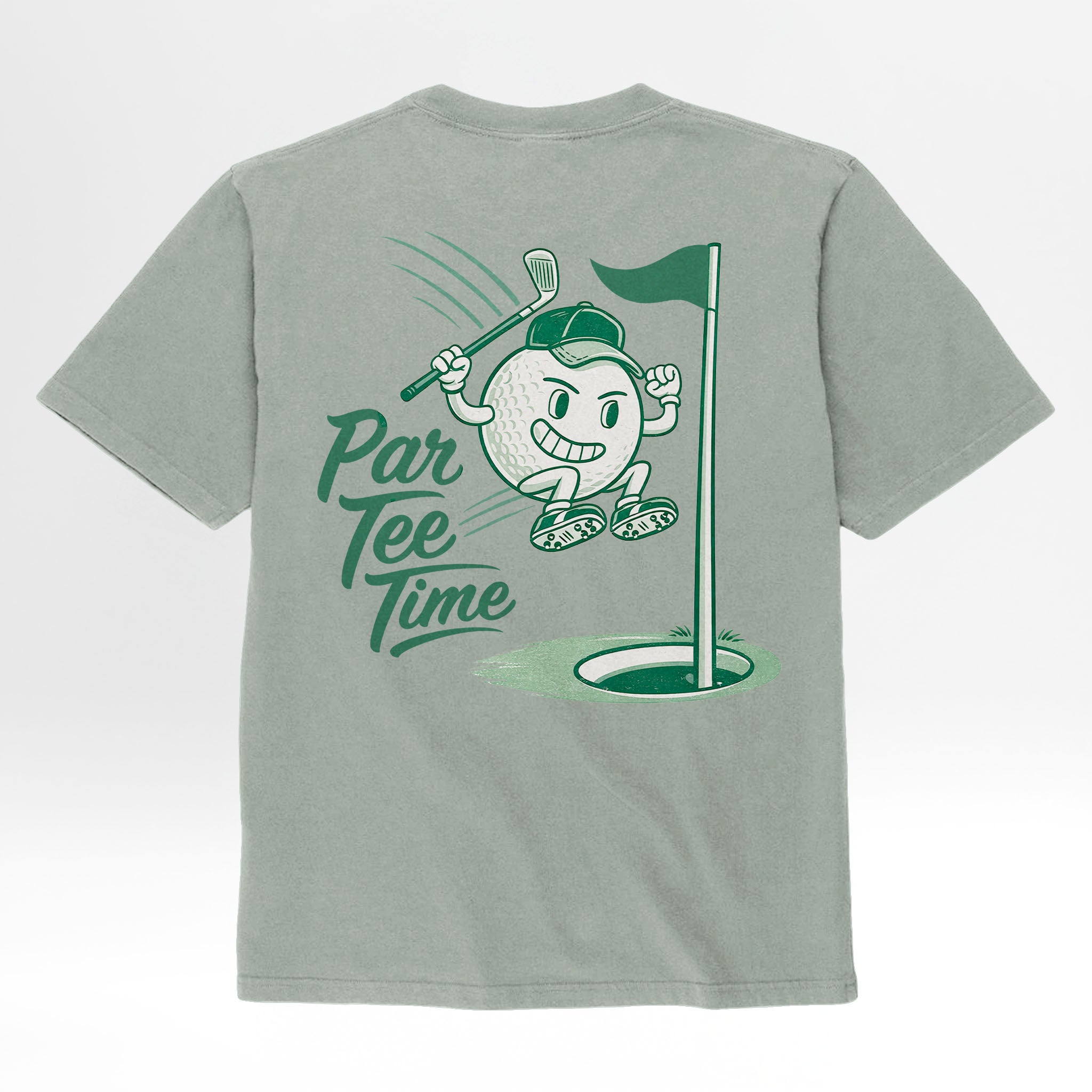 Sage green t-shirt with a golf-themed graphic and 'Par Tee Time' text on the back.