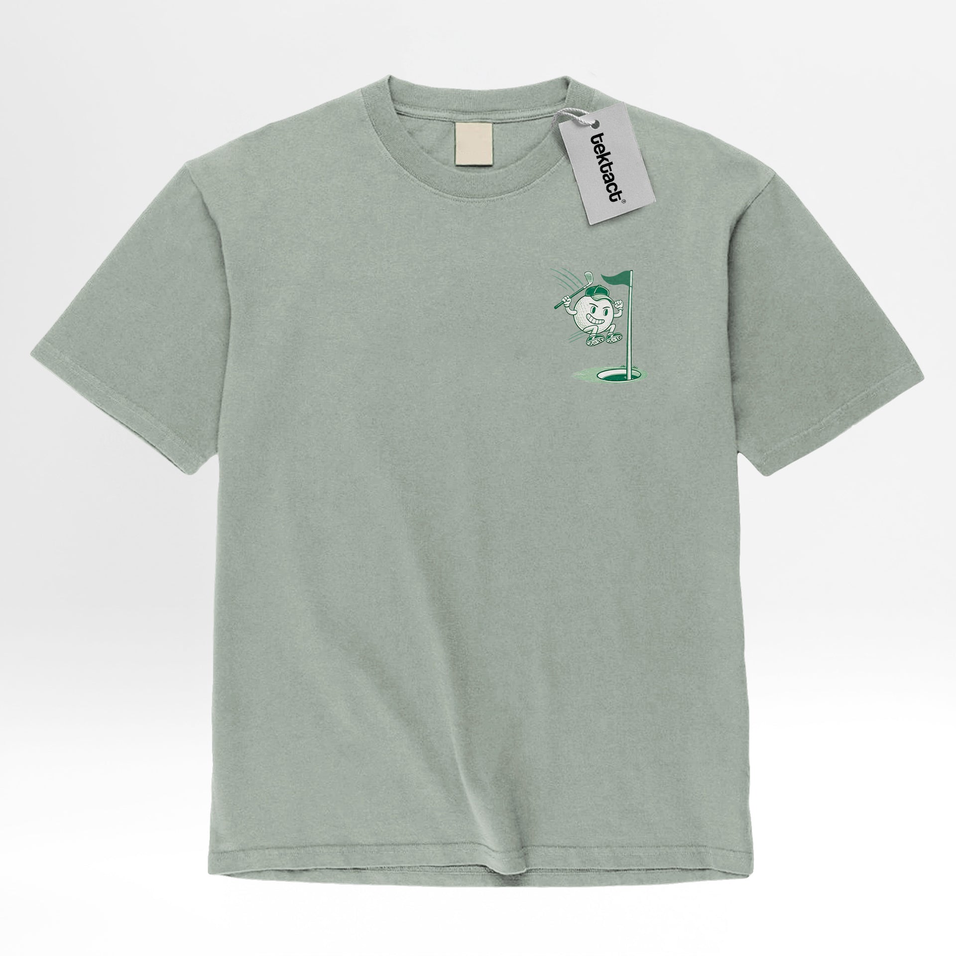 Sage green t-shirt with a small graphic