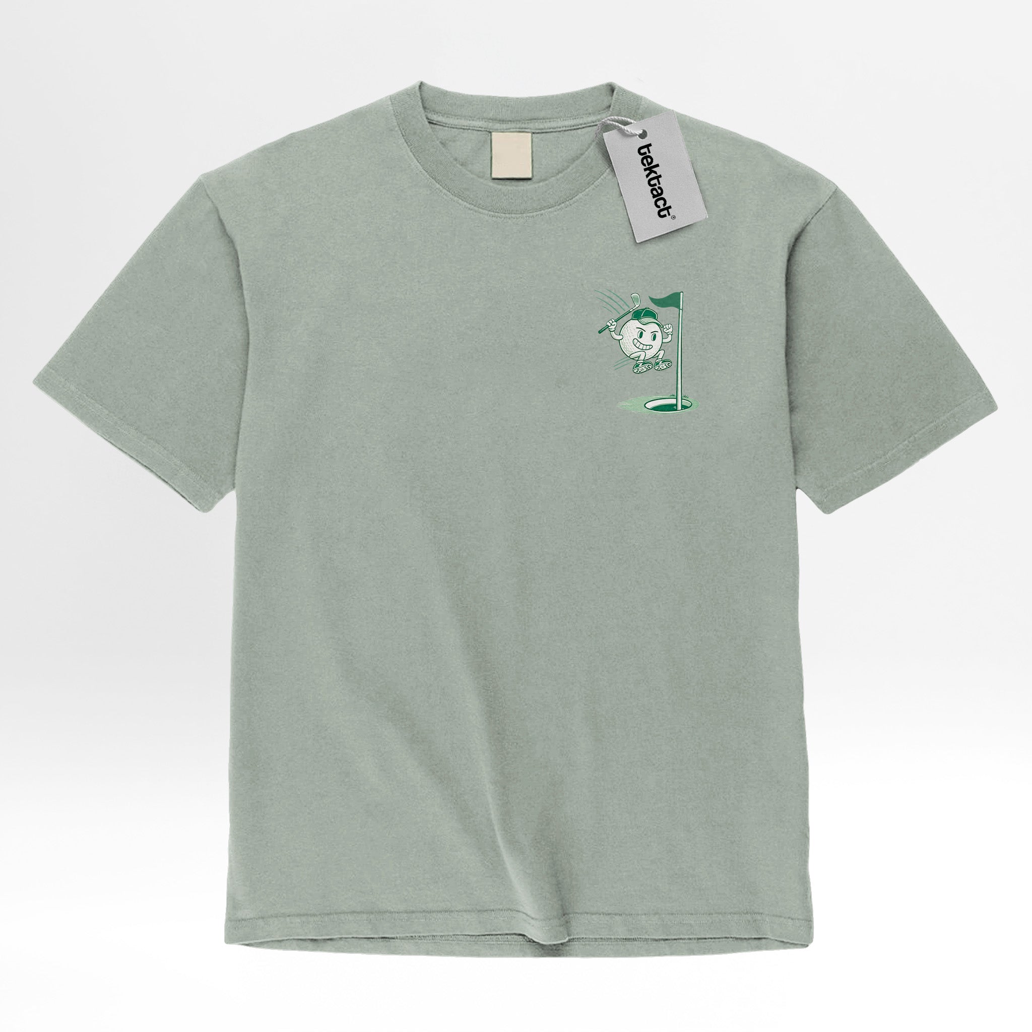 Sage green t-shirt with a small graphic