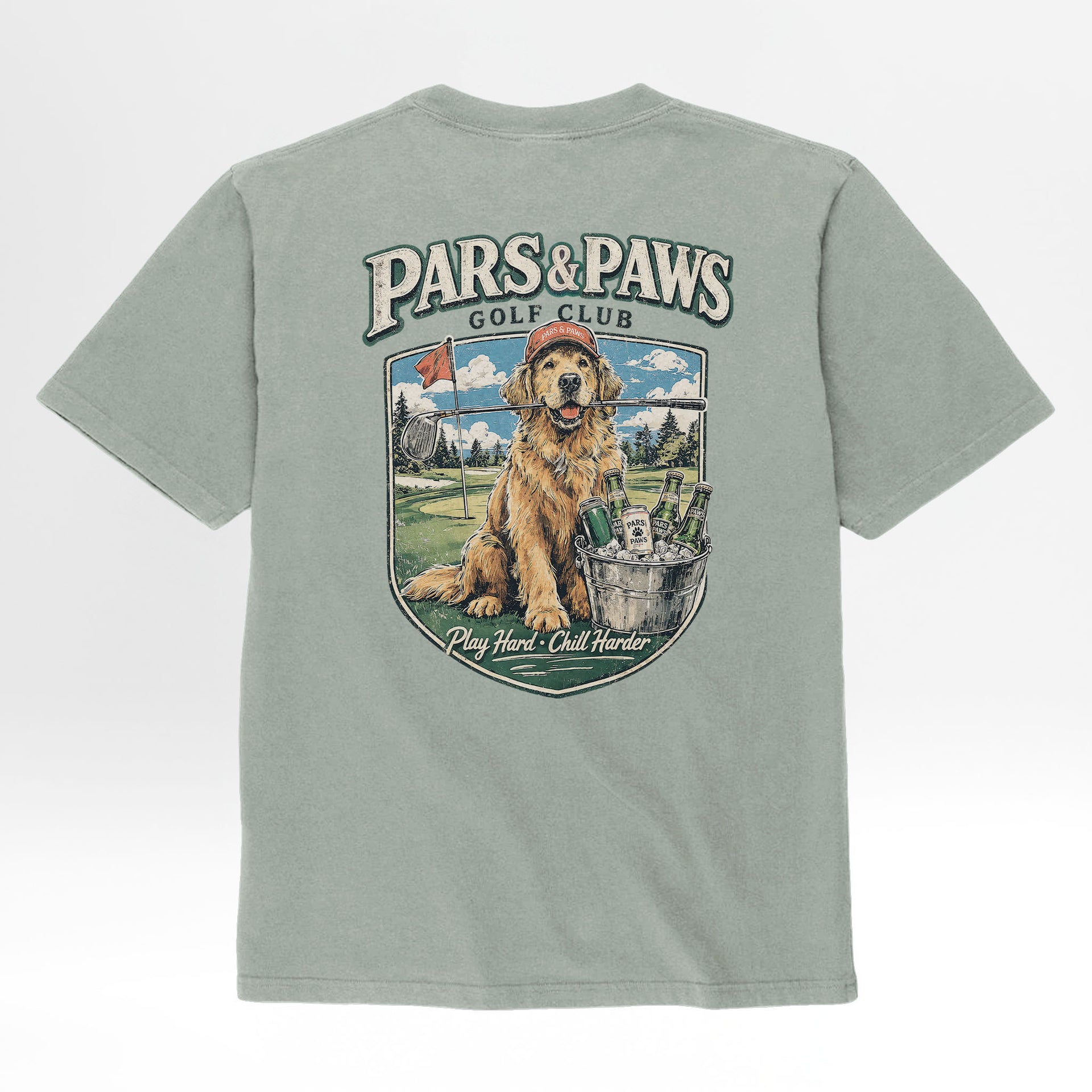 Green t-shirt with a dog graphic and 'Pars & Paws Golf Club' text.
