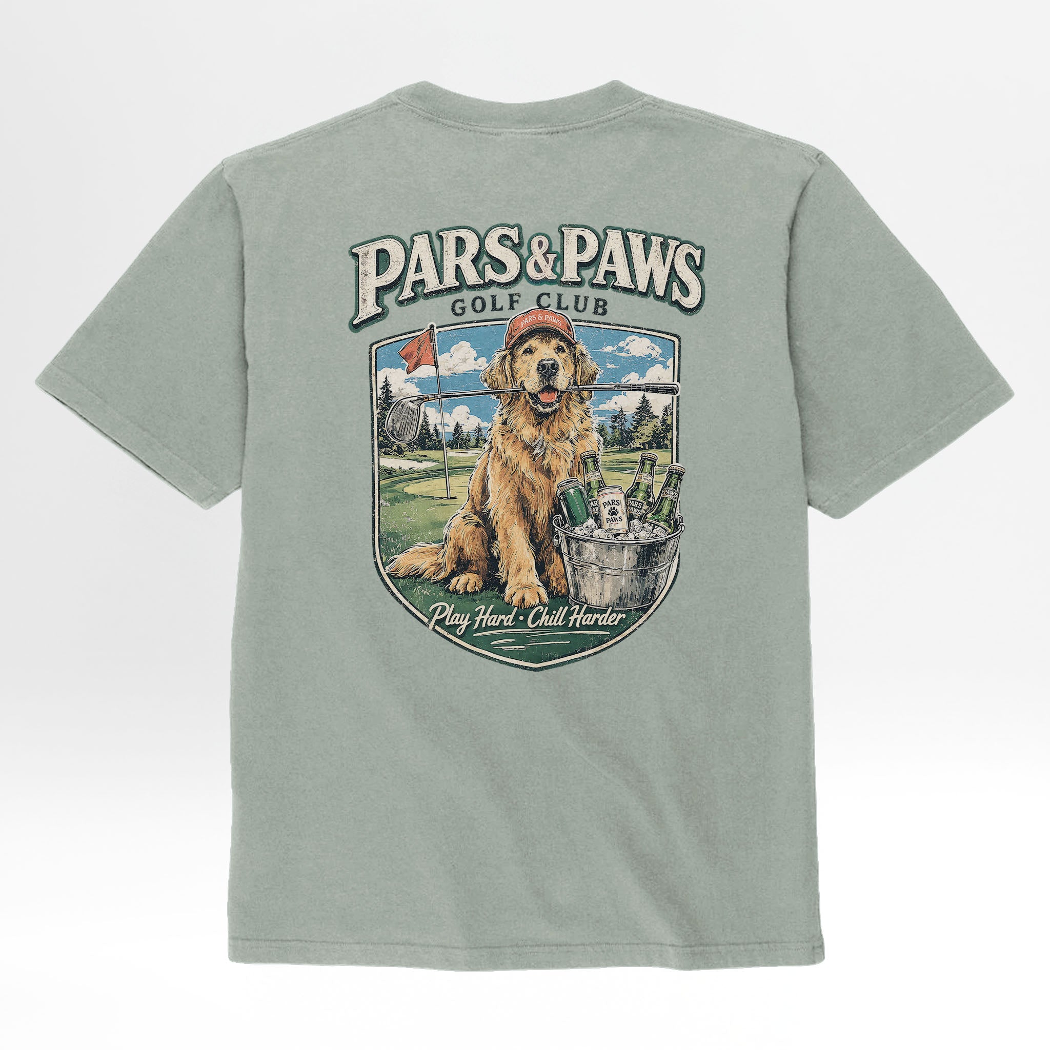Green t-shirt with a dog graphic and 'Pars & Paws Golf Club' text.