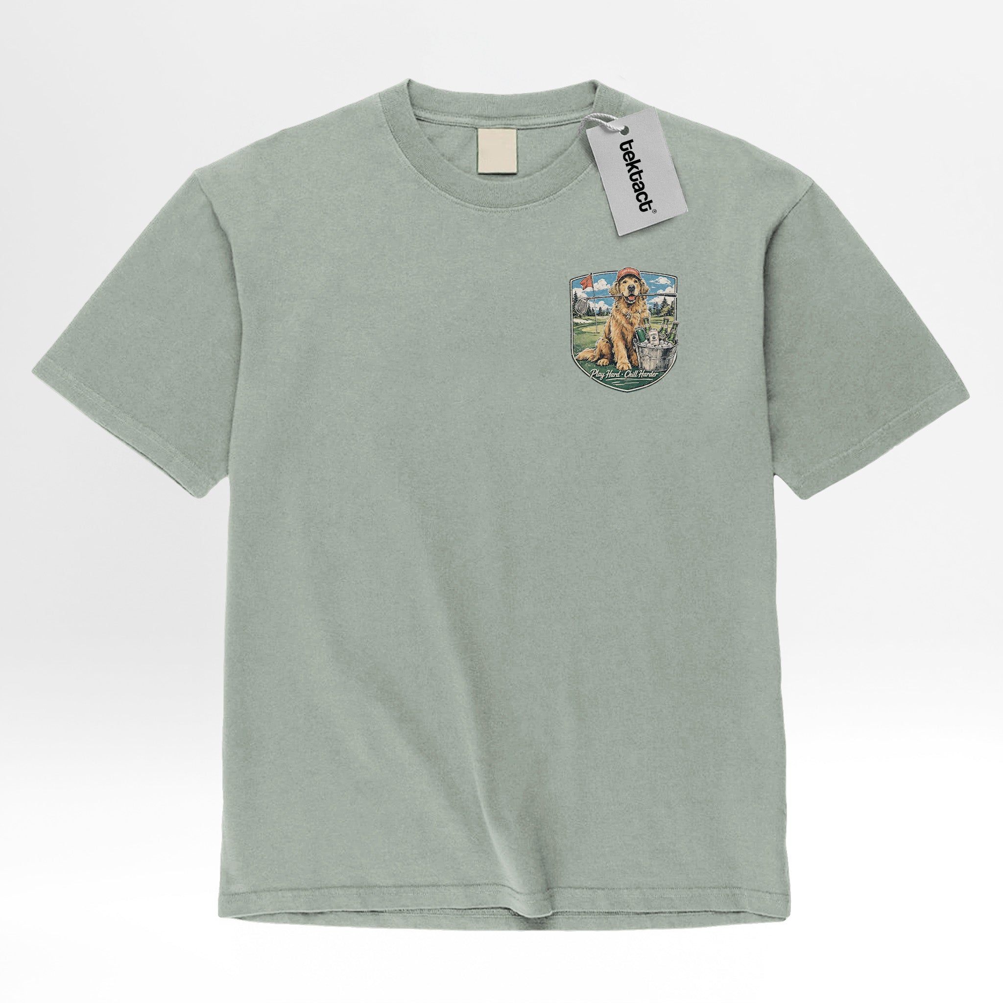 Green t-shirt with a pocket design featuring a Golden Retriever and landscape.