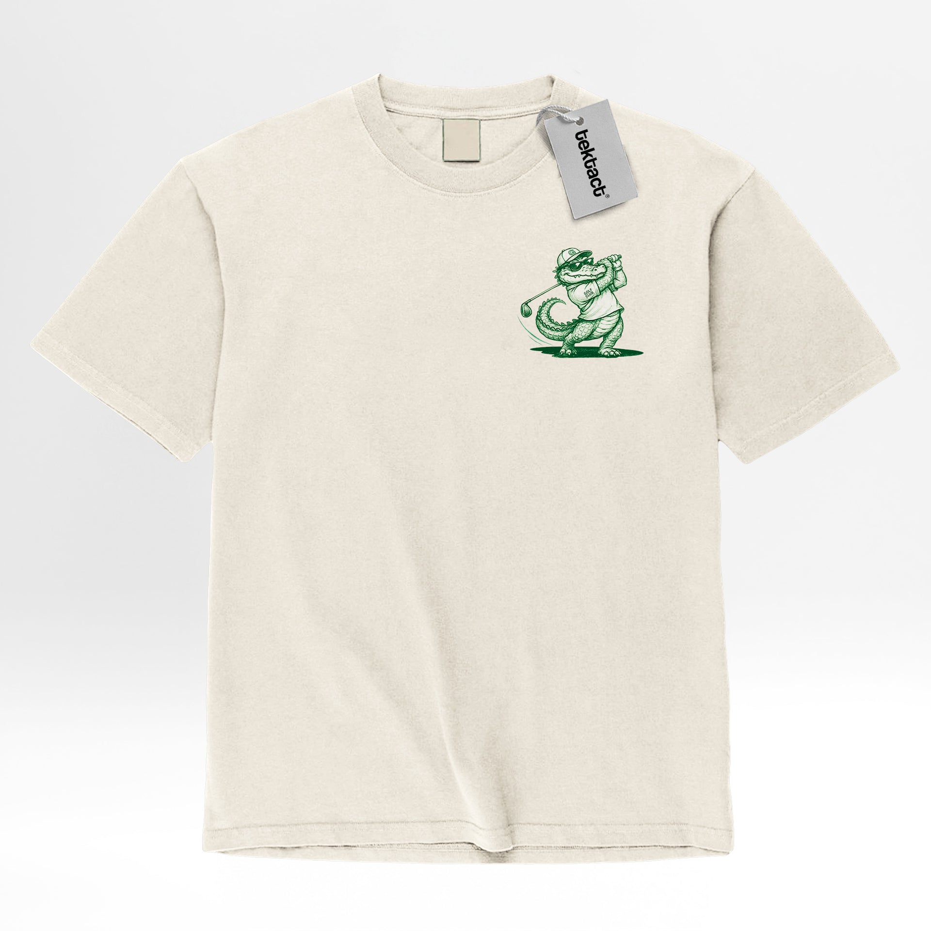 Ivory cream t-shirt with green graphic design on a white background
