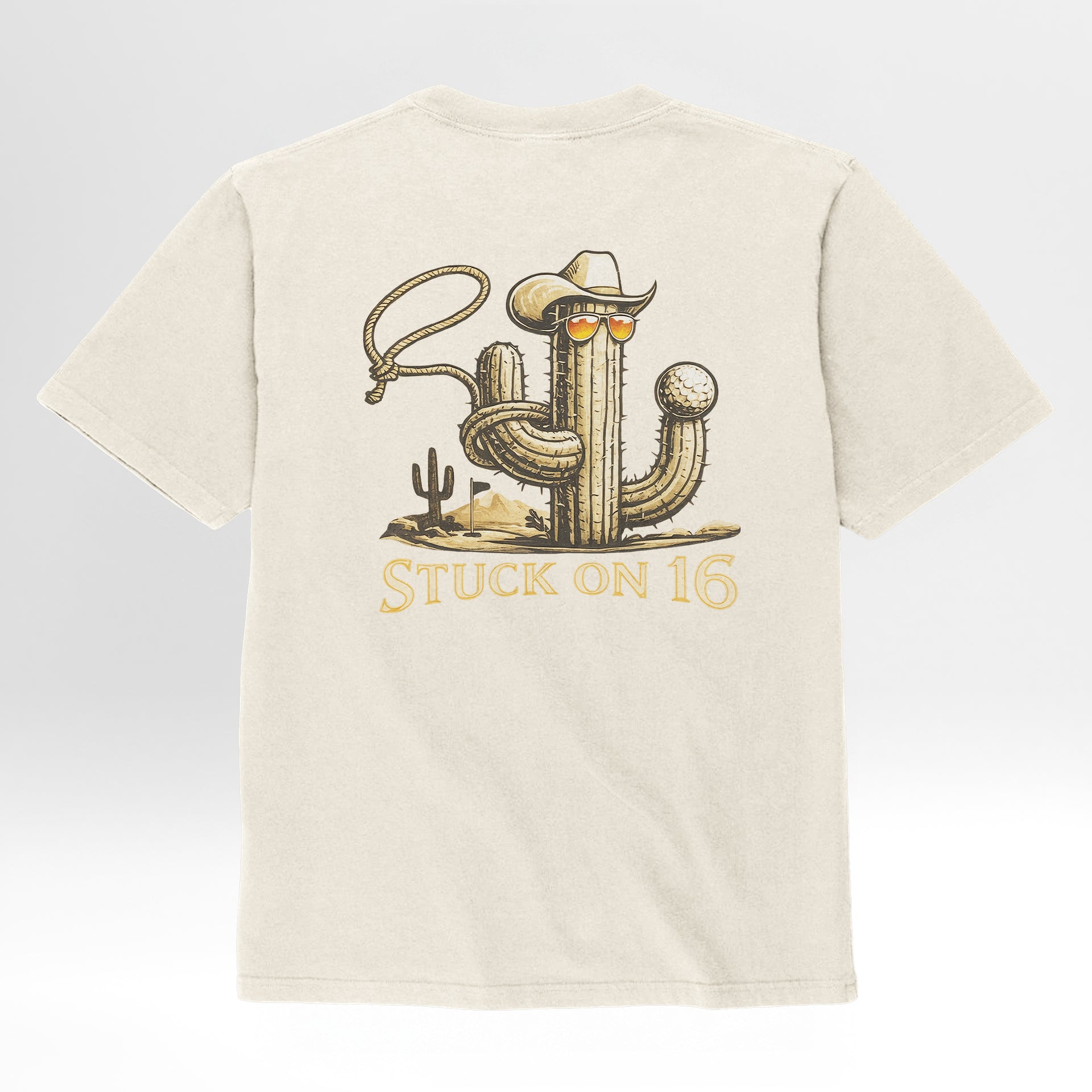 Ivory cream t-shirt with a cactus wearing a cowboy hat and sunglasses graphic and 'Stuck on 16' text.