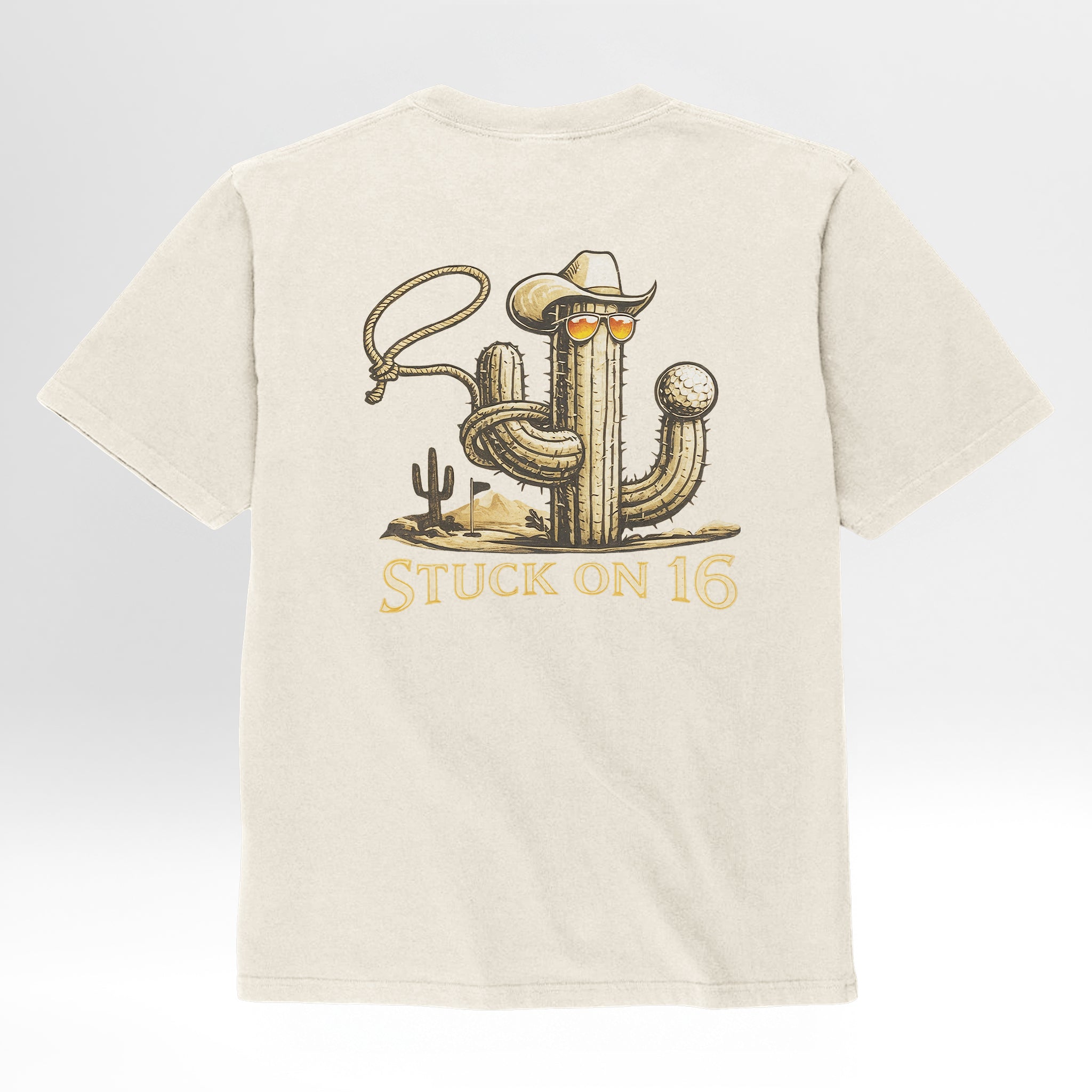 Ivory cream t-shirt with a cactus wearing a cowboy hat and sunglasses graphic and 'Stuck on 16' text.