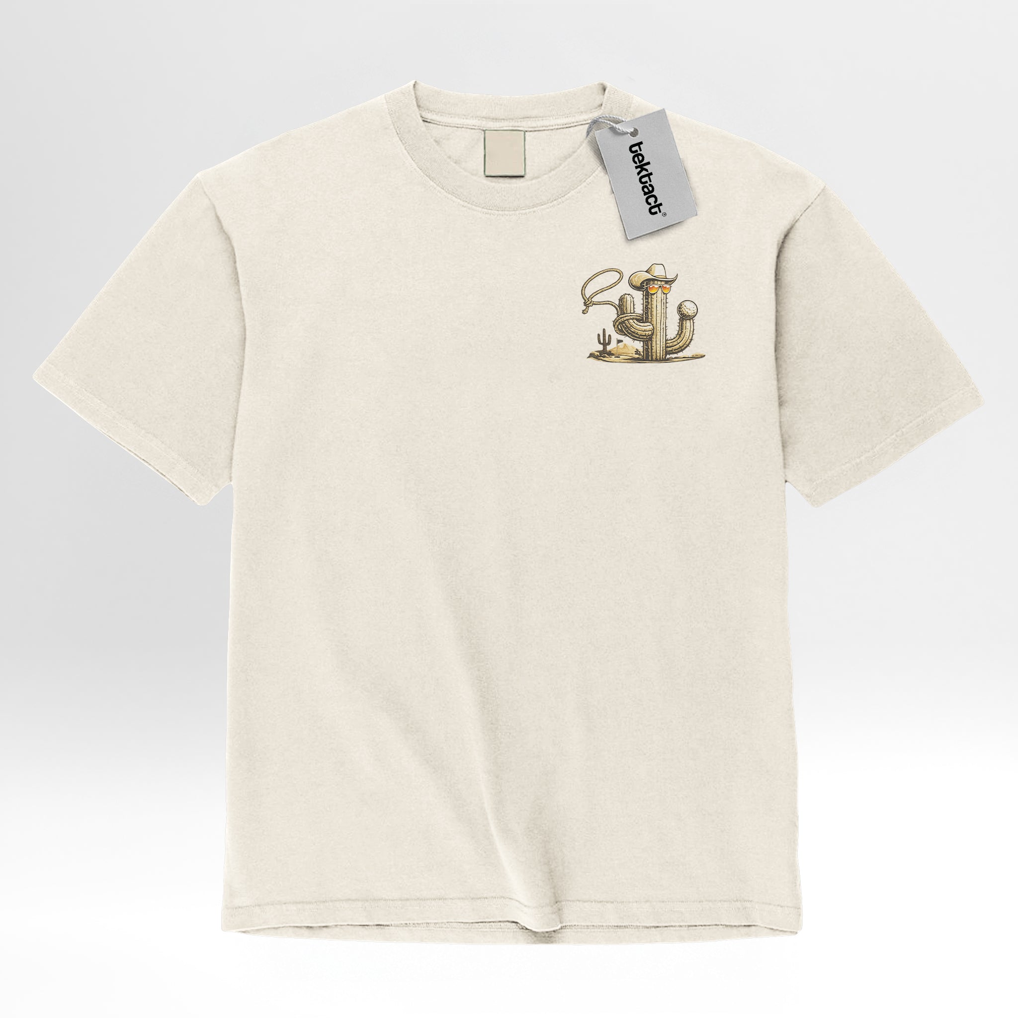 Ivory cream t-shirt with a small graphic design on a light gray background