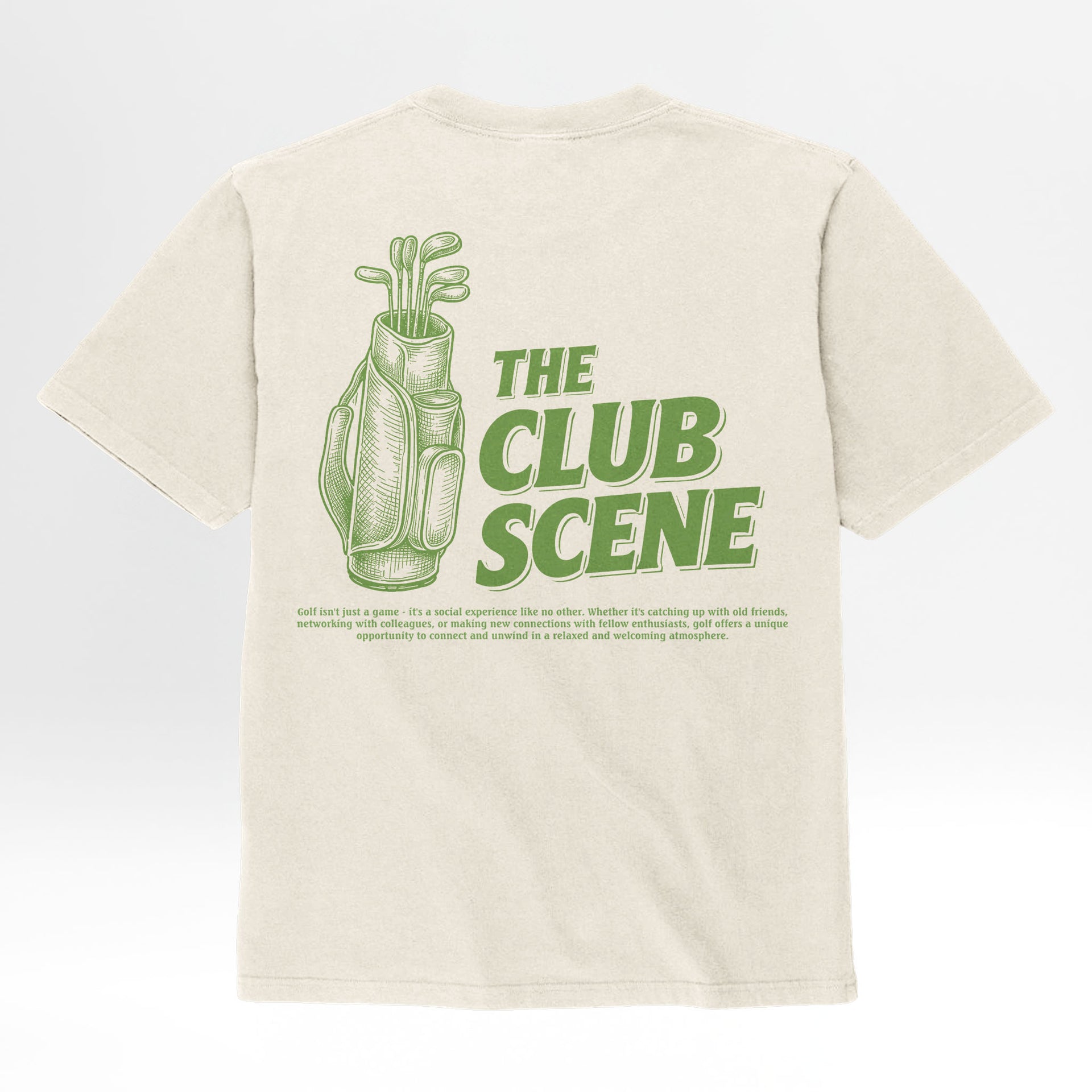 Ivory cream t-shirt with green graphic and text 'The Club Scene' on a white background