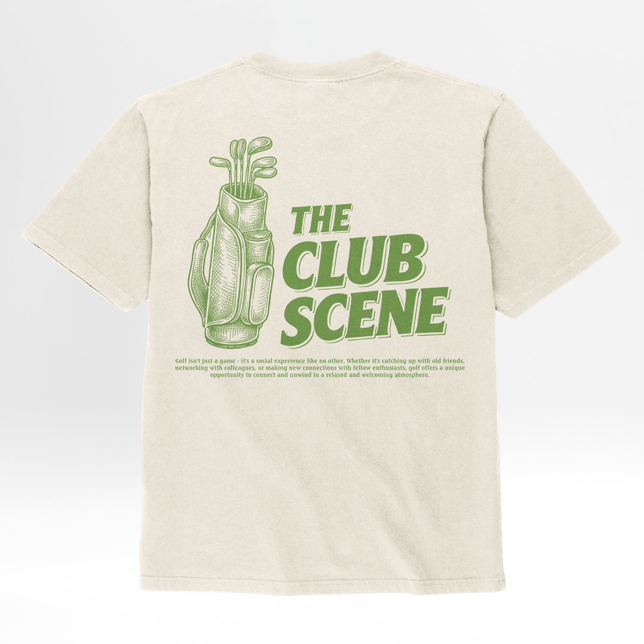Ivory cream t-shirt with green graphic and text 'The Club Scene' on a white background