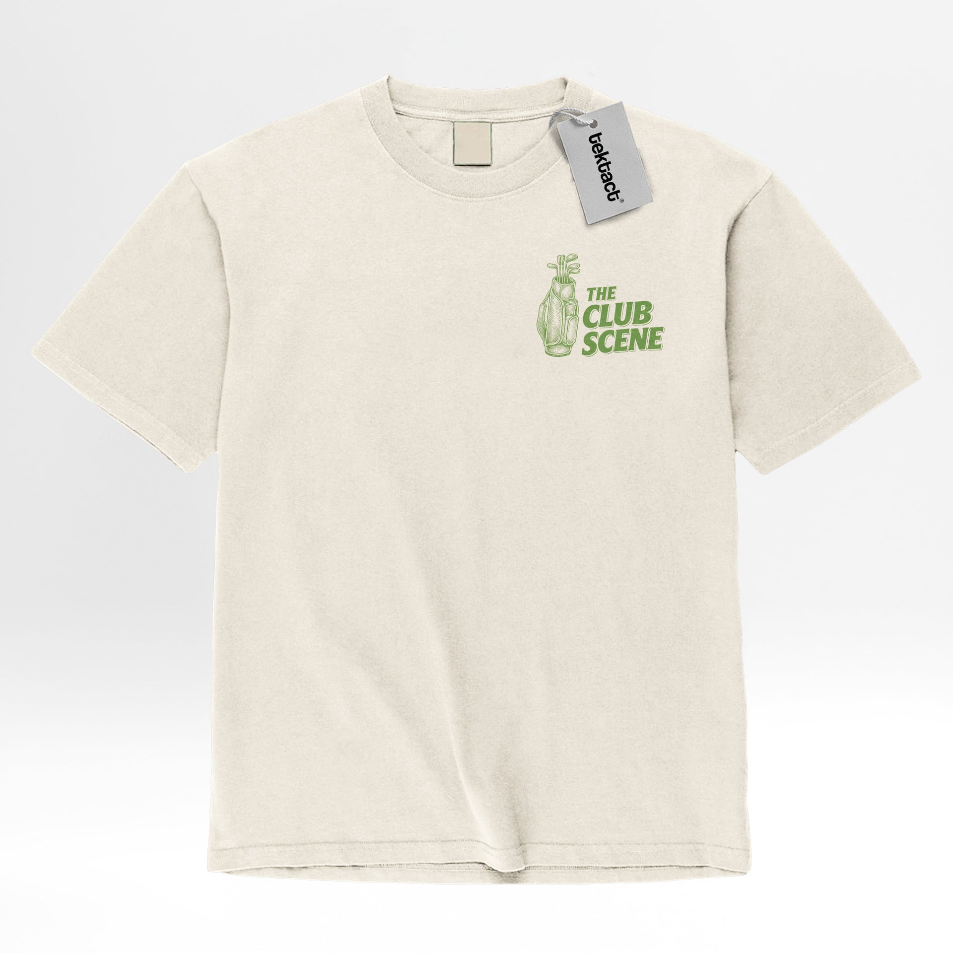 Ivory cream t-shirt with green logo and text on a white background