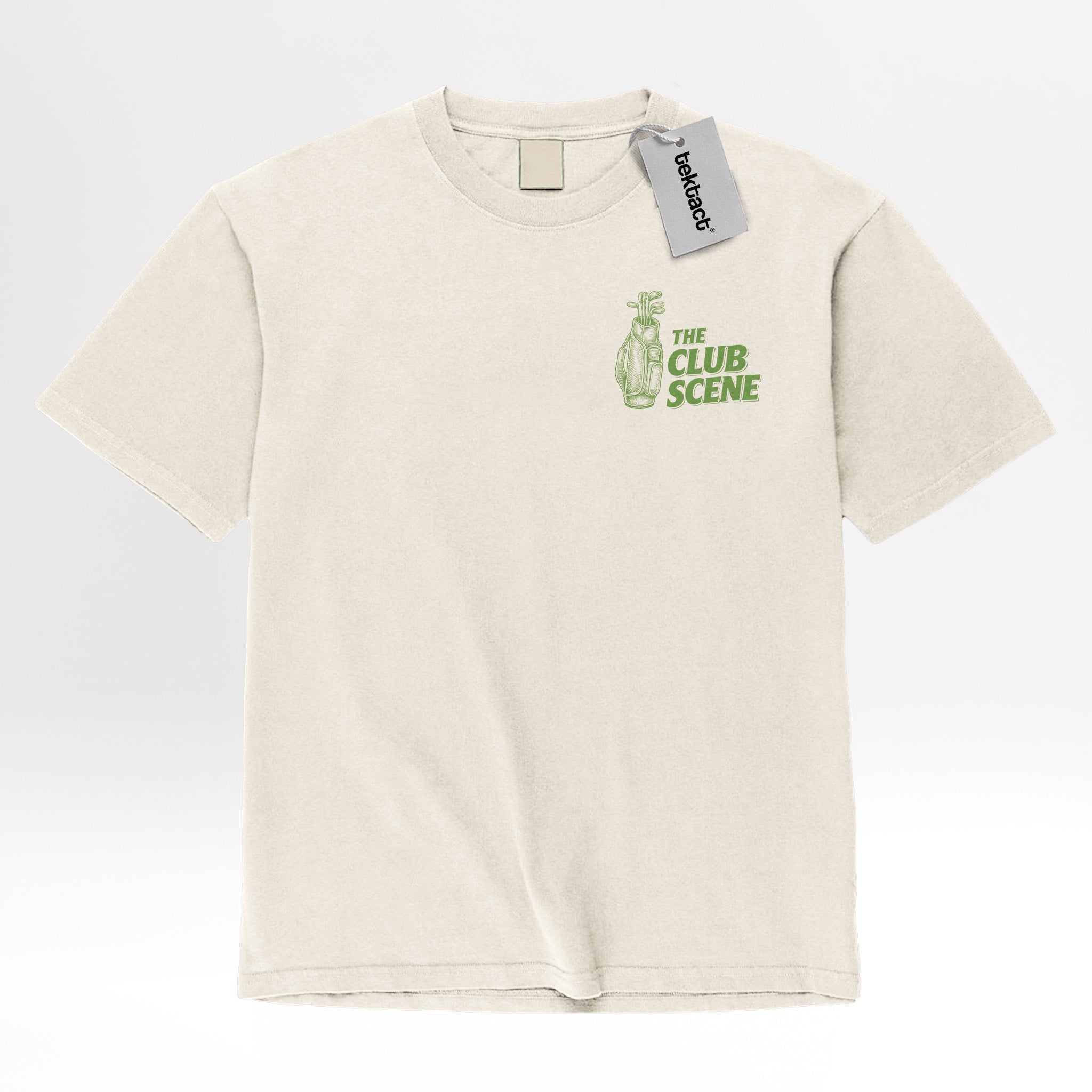 Ivory cream t-shirt with green logo and text on a white background
